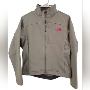 The North Face Women's Olive Green Softshell Jacket with Pink Logo